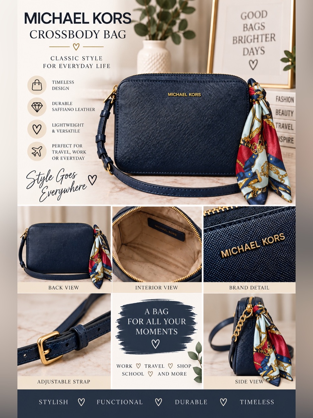 Michael Kors Navy Saffiano Crossbody with Multicolor Scarf Accent